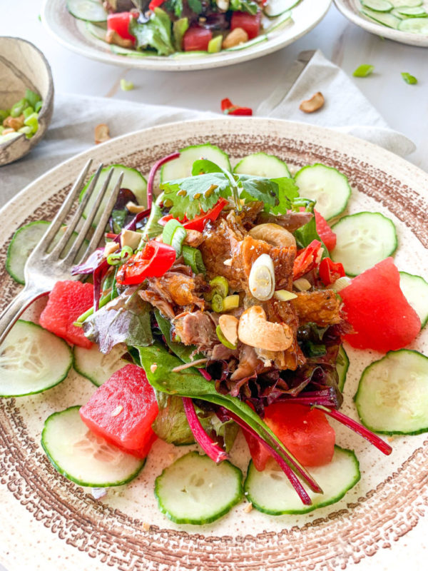 Refreshing Crispy Duck Salad With Watermelon Cucumber Cashews